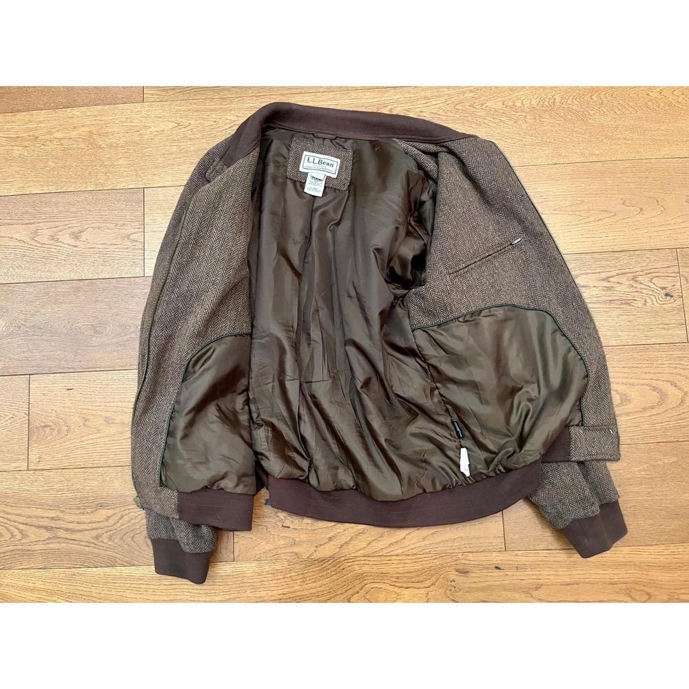 LL Bean Mens Large Brown Herringbone Wool Blend Zip Bomber Jacket Insulated L